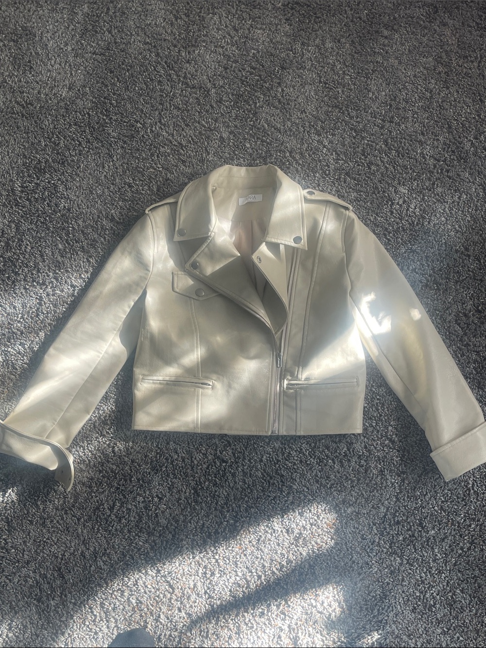 Cropped Cream faux Leather Moto Jacket